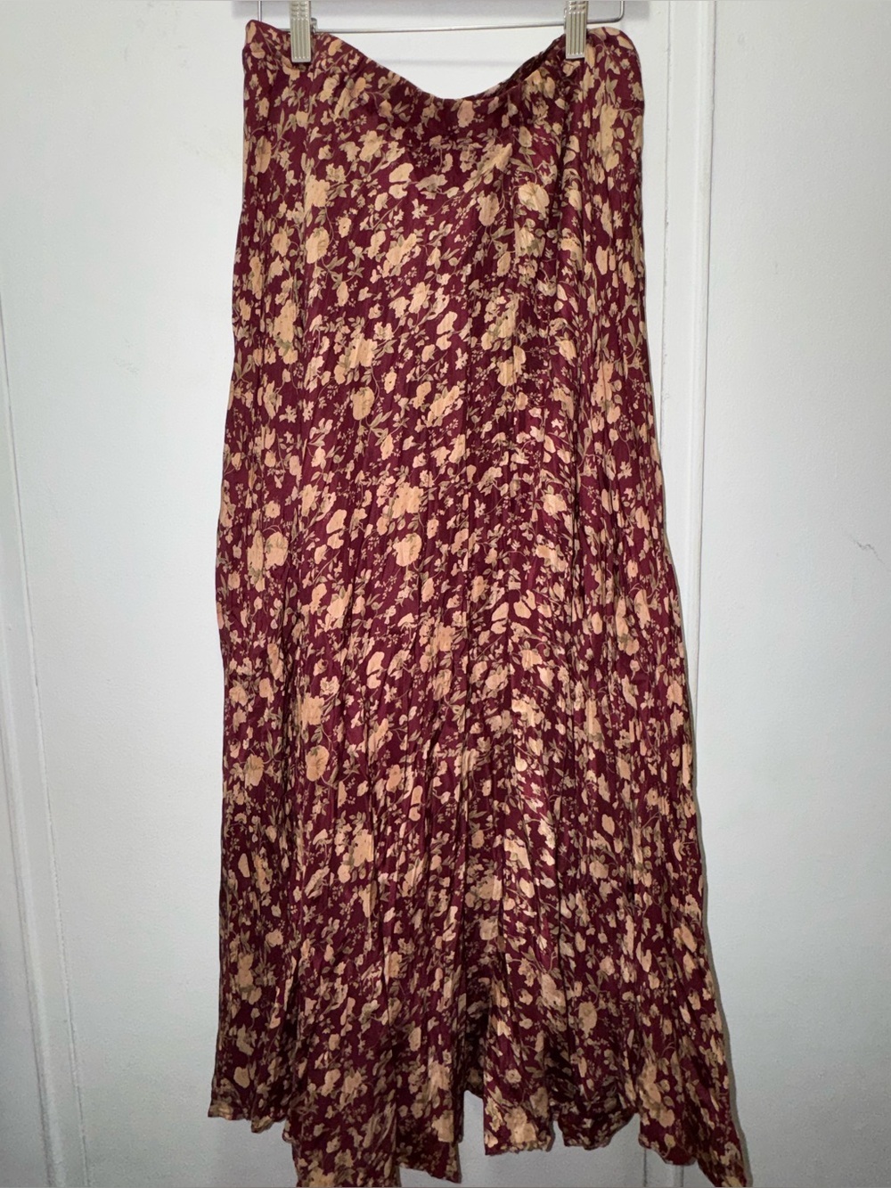 Vintage 90s Dynasty Floral Burgundy Maxi Circle Skirt Size Large Silk